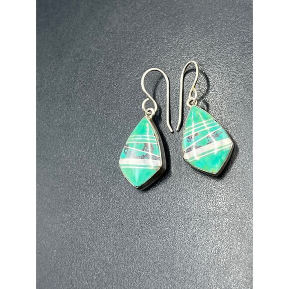 E Webster Vintage Sterling Silver Turquoise Inlay Dangle Earrings USA Signed - Picture 2 of 10